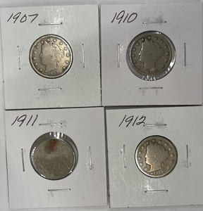 Four Different Liberty Head Nickels - 1907, 1910, 1911, & 1912