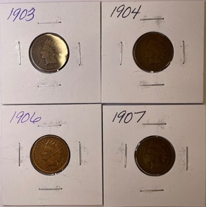 Four Different Indian Head Cents - 1903, 1904, 1906, & 1907
