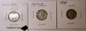 Three Mercury Dimes - 1937, 1937-D, & 1939