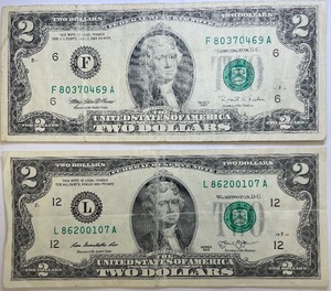 Two $2 Bills - 2013 & 1995, L86200107A & F80370469A