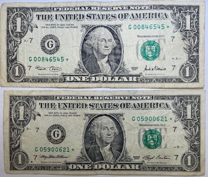 Two $ Star Notes 1993 & 2001 - G05900621, G00846545
