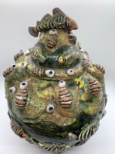 lot 7 image: Amazing Macario- Mexico Pottery JarVase with Lid - Nautical Themed