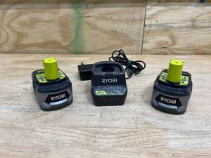 lot 15 image: RYOBI Lot of 2-  18v Batteries (4.0 Ah) with 1- 18v Charger