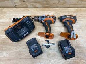 lot 38 image: RIDGID 18-Volt Lithium-Ion Cordless DrillDriver and Impact Driver 2-Tool Combo Kit with (2) 4.0 Ah Batteries and Charger