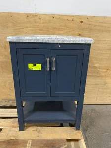 lot 62 image: HOME DECORATORS COLLECTION Everett 25 in. W x 22 in. D Vanity Cabinet in Aegean Blue with Carrara Marble Vanity Top in White