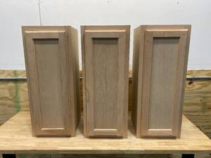 lot 63 image: HAMPTON BAY Lot of 3-  Hampton Unfinished Assembled 12x30x12 in. Wall Kitchen Cabinet in Beech