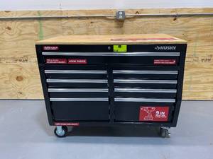 lot 66 image: HUSKY 46 in. W 9-Drawer, Deep Tool Chest Mobile Workbench in Gloss Black with Hardwood Top