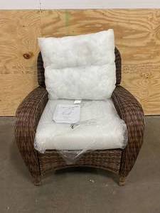 lot 79 image: HAMPTON BAY Beacon Park Brown Wicker Outdoor Patio Stationary Lounge Chair with Uncovered Cushions