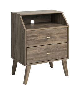 lot 81 image: PREPAC Milo Mid Century Modern Drifted Gray 2-Drawer Nightstand with Angled Top