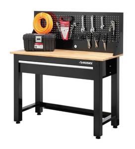 lot 93 image: HUSKY 4 ft. Solid Wood Top Workbench with Pegboard Storage