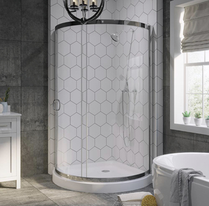 lot 104 image: OVE DECORS Breeze 38 in. L x 38 in. W x 76 in. H Corner Shower Kit with Reversible Sliding Door.  (Missing Shower Base)