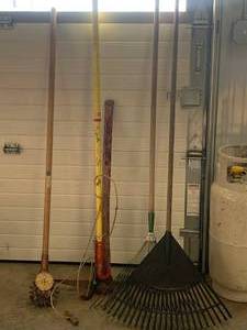 Lawn Edger, Pickaxe, Branch Trimmer, Two Rakes�