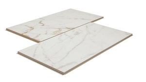 lot 22 image: 7 Cases QuicTile 12 in. x 24 in. Calacatta Marble Polished Porcelain Locking Floor Tile (9.6 sq. ft.  case) 67 sq ft Total.