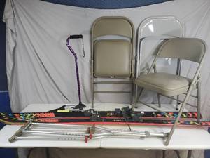 lot 117 image: Folding Chairs, Snow Skis, Crutches