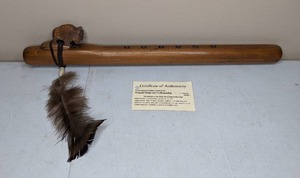 lot 274 image: Handmade Native American Navajo Carved Wood Flute w Buffalo