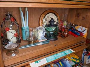 lot 178 image: Candles, Lantern-Style Candle Holders, Wall Clock, Etc.