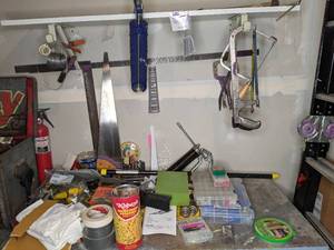 lot 215 image: Hacksaws, hand saws, Fire Extinguisher, Duct Tape, Hardware, Drill Bits, etc.