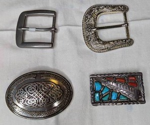 lot 110 image: Four Belt Buckles Zuni Turquose & Coral, Celtic Design, etc.