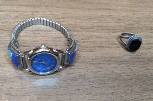 lot 99 image: Sterling Silver w Inlaid Stones & OnyxSterling Ring