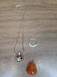 lot 97 image: Tiger Eye Necklace, Sterling Ring and Stone Pendant