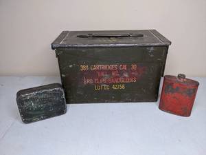 lot 40 image: Vintage Ammo Can, Flask, and Tobacco Tin