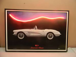 lot 10 image: AMERICAN CLASSIC NEONIZE INC. CLASSIC CORVETTE NEON PICTURE - NICE - WORKS - APPROX 36 BY 24 - GREAT PIECE FOR THE CAVE - SEE PICTURES