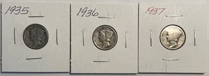 Three Different Mercury Dimes - 1935, 36, & 37