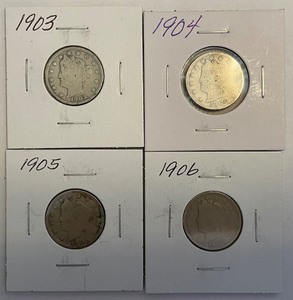 Four Different Liberty Head Nickels - 1903, 04, 05, & 06