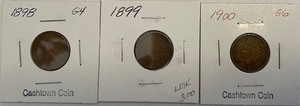 Three Different Indian Head Pennies - 1898, 1899, & 1900