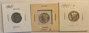 Three Different Mercury Dimes - 1941 P, D, & S