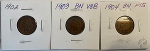 Three Different Indian Head Pennies - 1902, 1903, & 1904