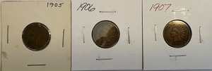 Three Different Indian Head Pennies - 1905, 1906, & 1907