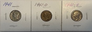 Three Different Mercury Dimes - 1941 P, D, & S