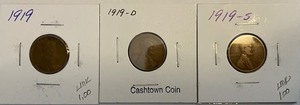Three Different Lincoln Wheat Pennies - 1919 P, D. & S