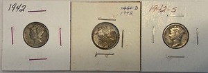 Three Different Mercury Dimes - 1942 P, D, & S