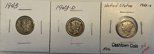 Three Different Mercury Dimes - 1943 P, D, & S
