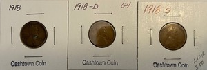 Three Different Lincoln Wheat Pennies - 1918 P, D, & S
