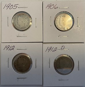 Four Different Liberty Head Nickels - 1905, 1906, 1912, & 1912-D