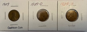 Three Different Lincoln Wheat Pennies - 1929 P, D, & S