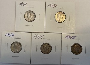 Five Different Mercury Dimes - 1941 thru 1945