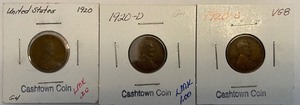 Three Different Lincoln Wheat Pennies - 1920 P, D, & S