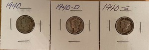 Three Different Mercury Dimes - 1940 P, D, & S