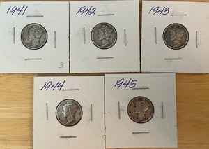 Five Different Mercury Dimes - 1941 - 1945