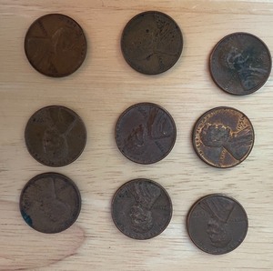 Nine Different Lincoln Wheat Pennies 1955 - 1958