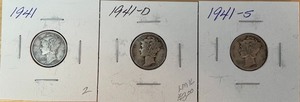 Three Different Mercury Dimes - 1941 P, D, & S