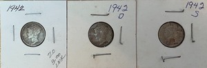 Three Different Mercury Dimes - 1942 P, D, & S