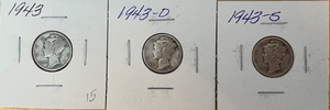 Three Different Mercury Dimes - 1943 P, D, & S