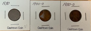 Three Different Lincoln Wheat Pennies - 1930 P, D, & S
