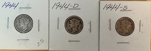 Three Different Mercury Dimes - 1944 P, D, & S