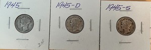 Three Different Mercury Dimes - 1945 P, D, & S